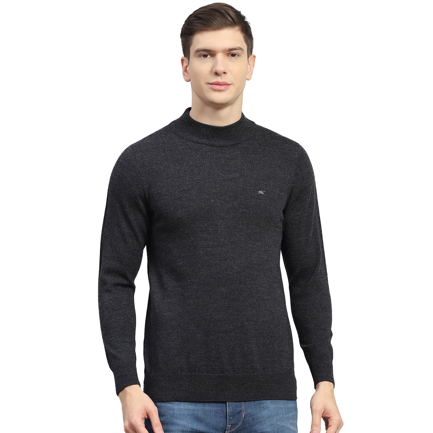 Men Grey Solid T Neck Full Sleeve Sweater