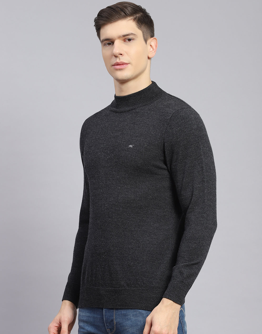Men Grey Solid T Neck Full Sleeve Sweater