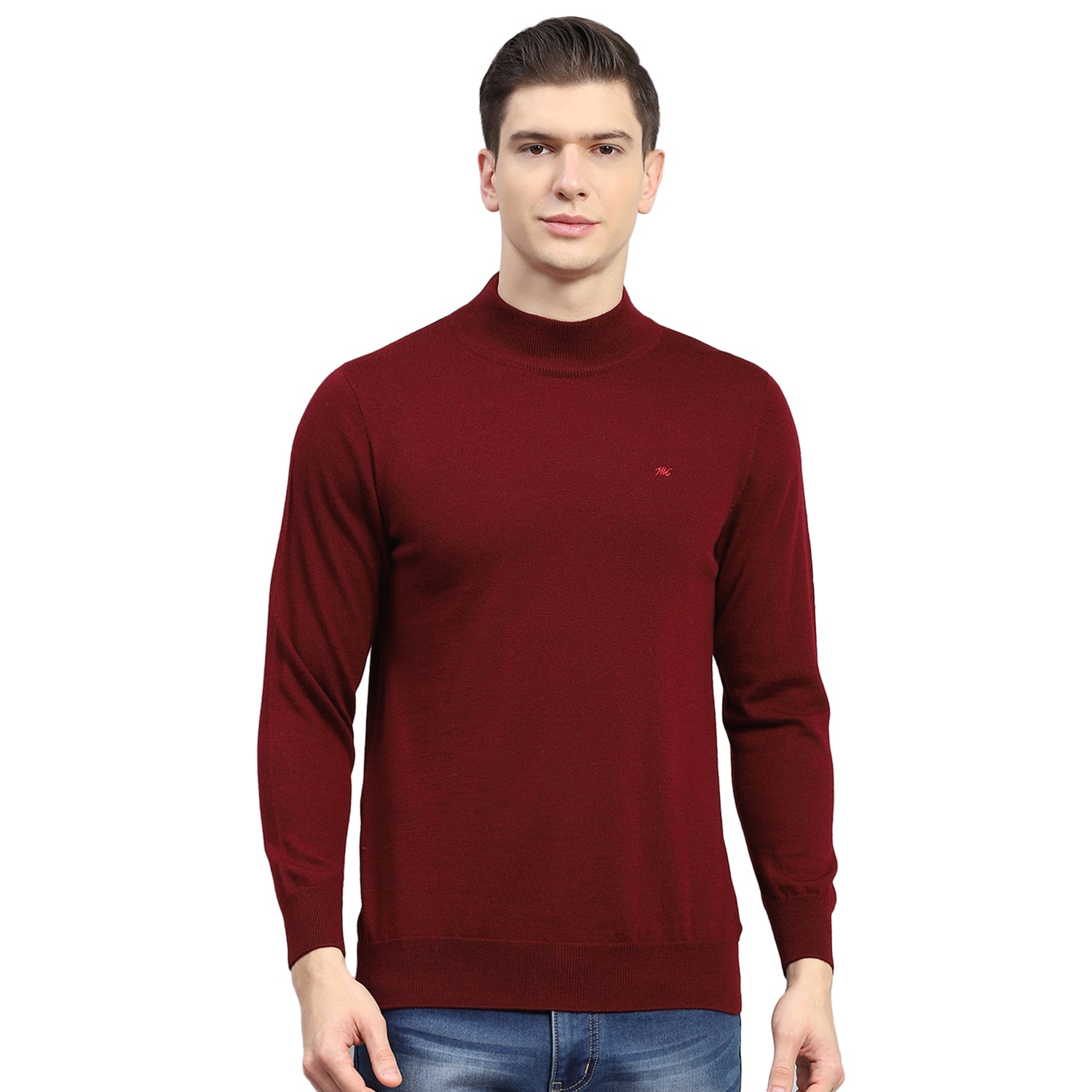 Men Maroon Solid T Neck Full Sleeve Sweater