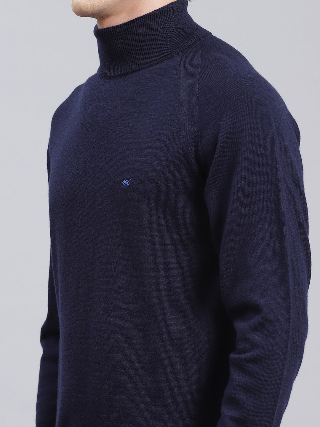 Men Navy Blue Solid Pure wool Pullover