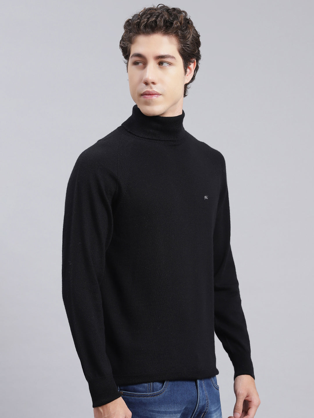 Men Black Solid Pure wool Pullover