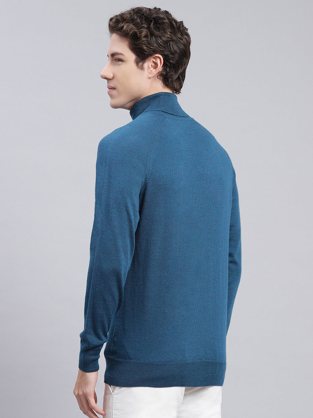 Men Blue Solid Pure wool Pullover