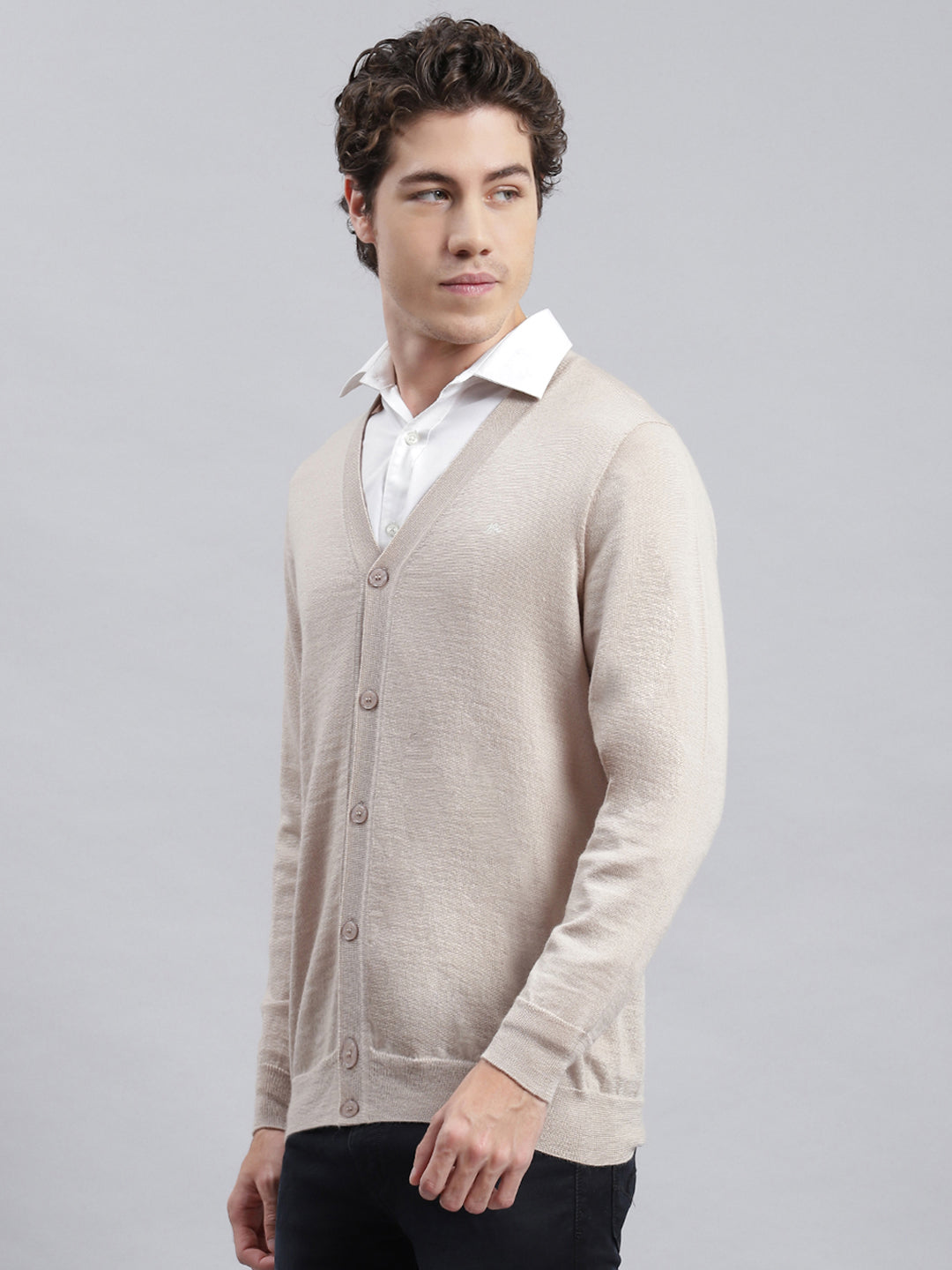 Men Beige Solid Cardigan
