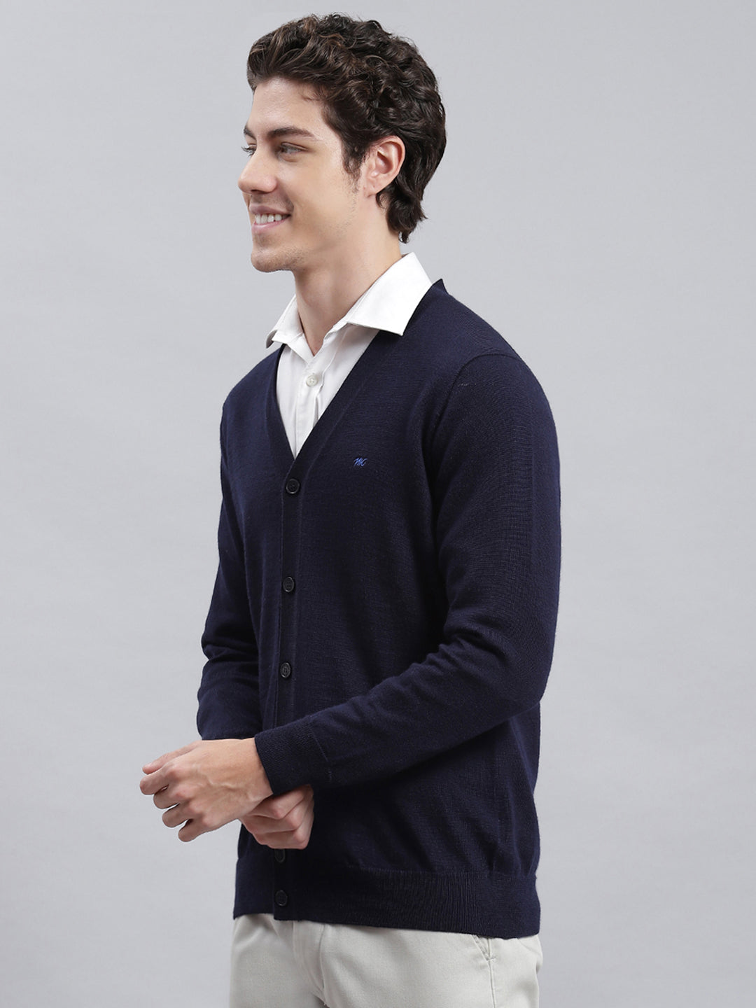 Men Navy Blue Solid Cardigan