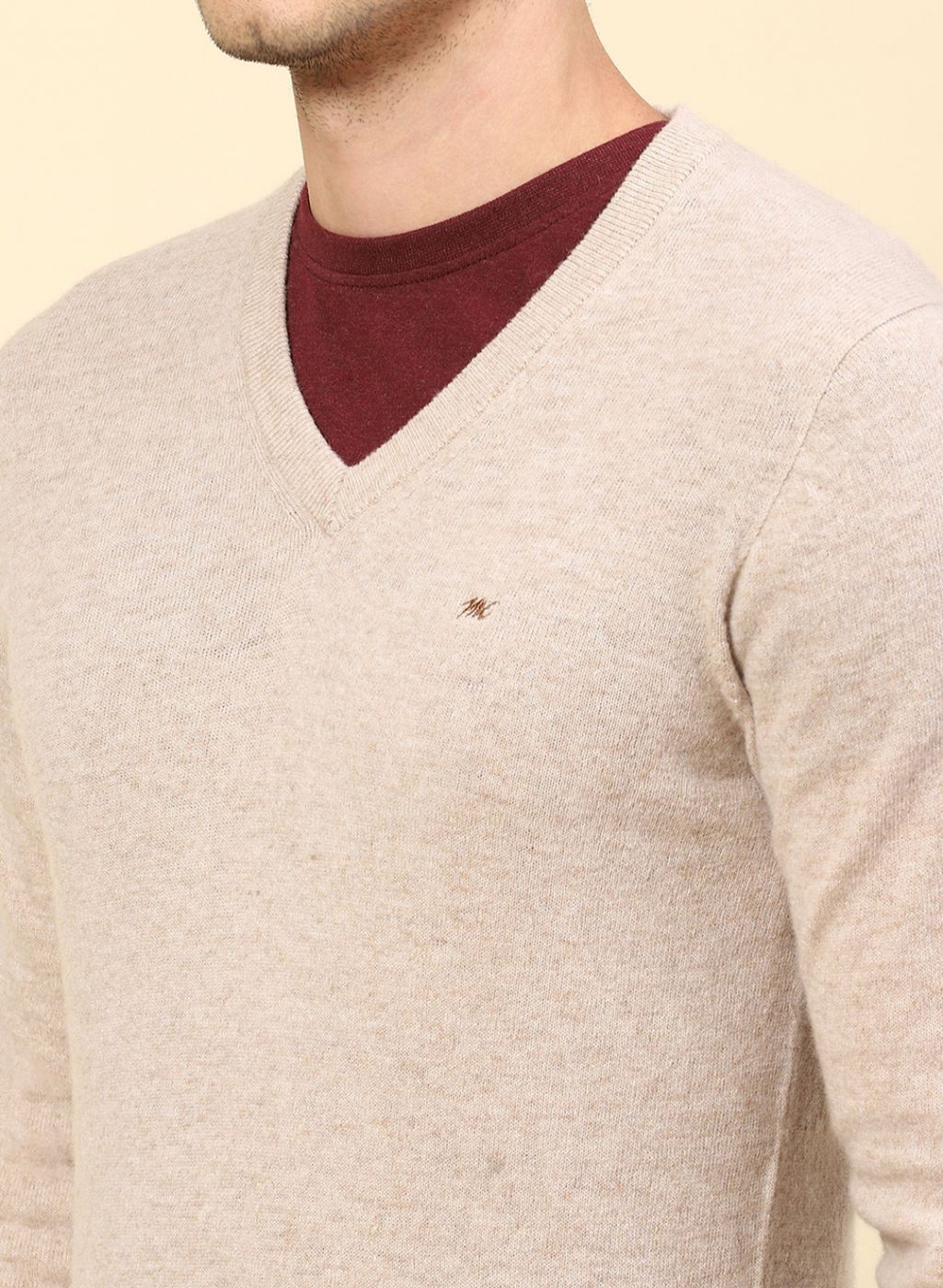 Men Beige Solid Lamb wool Pullover