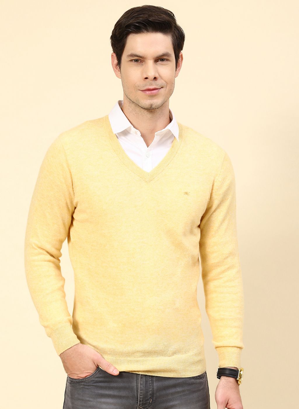 Men Yellow Solid Lamb wool Pullover