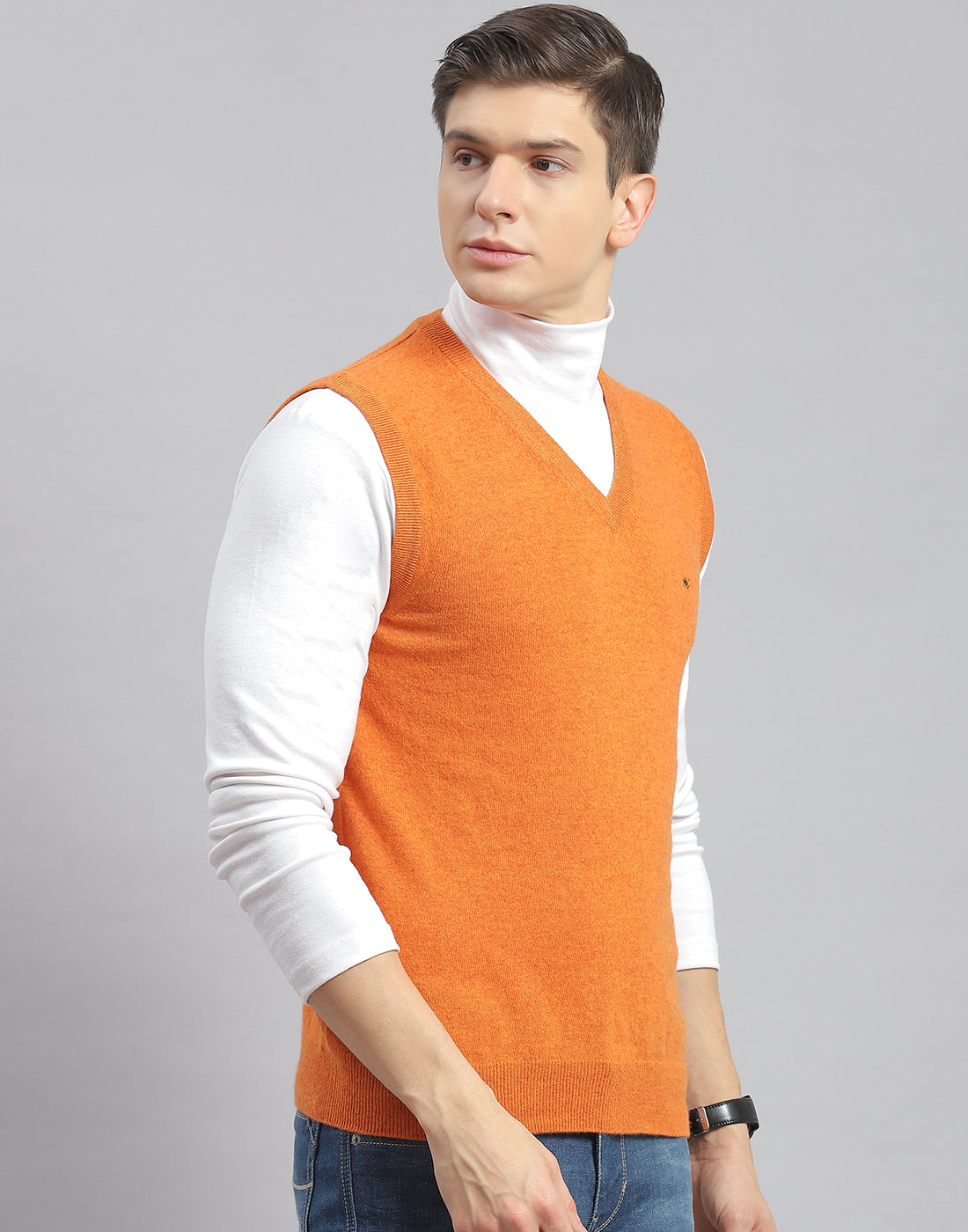 Men Orange Solid V Neck Sleeveless Sweater