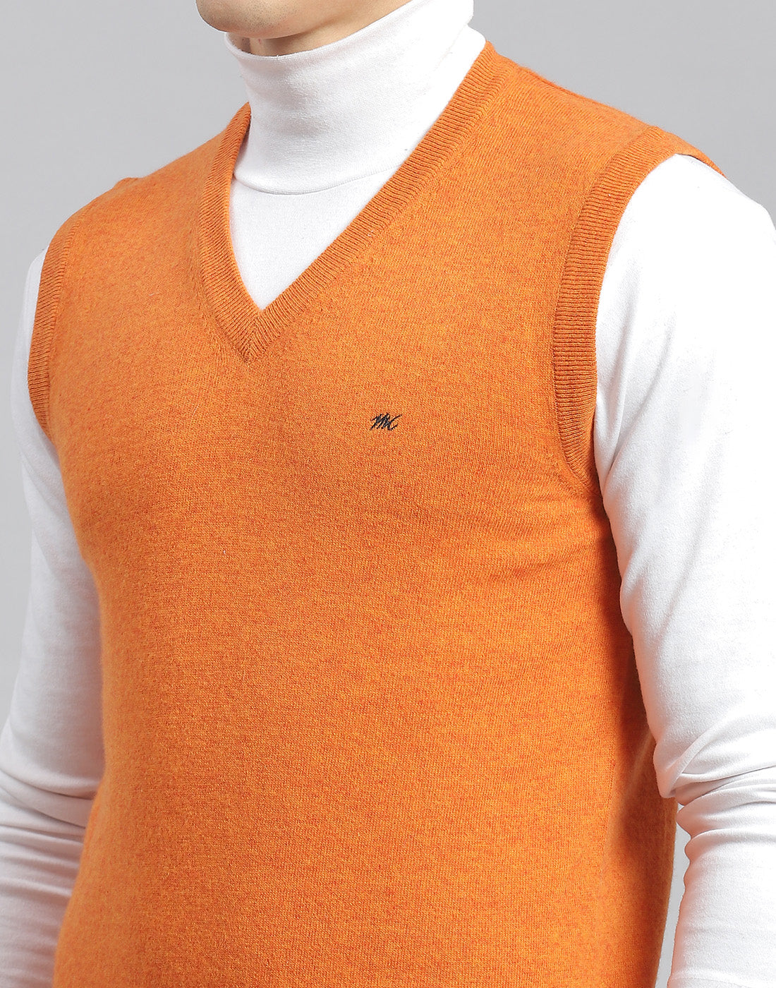 Men Orange Solid V Neck Sleeveless Sweater