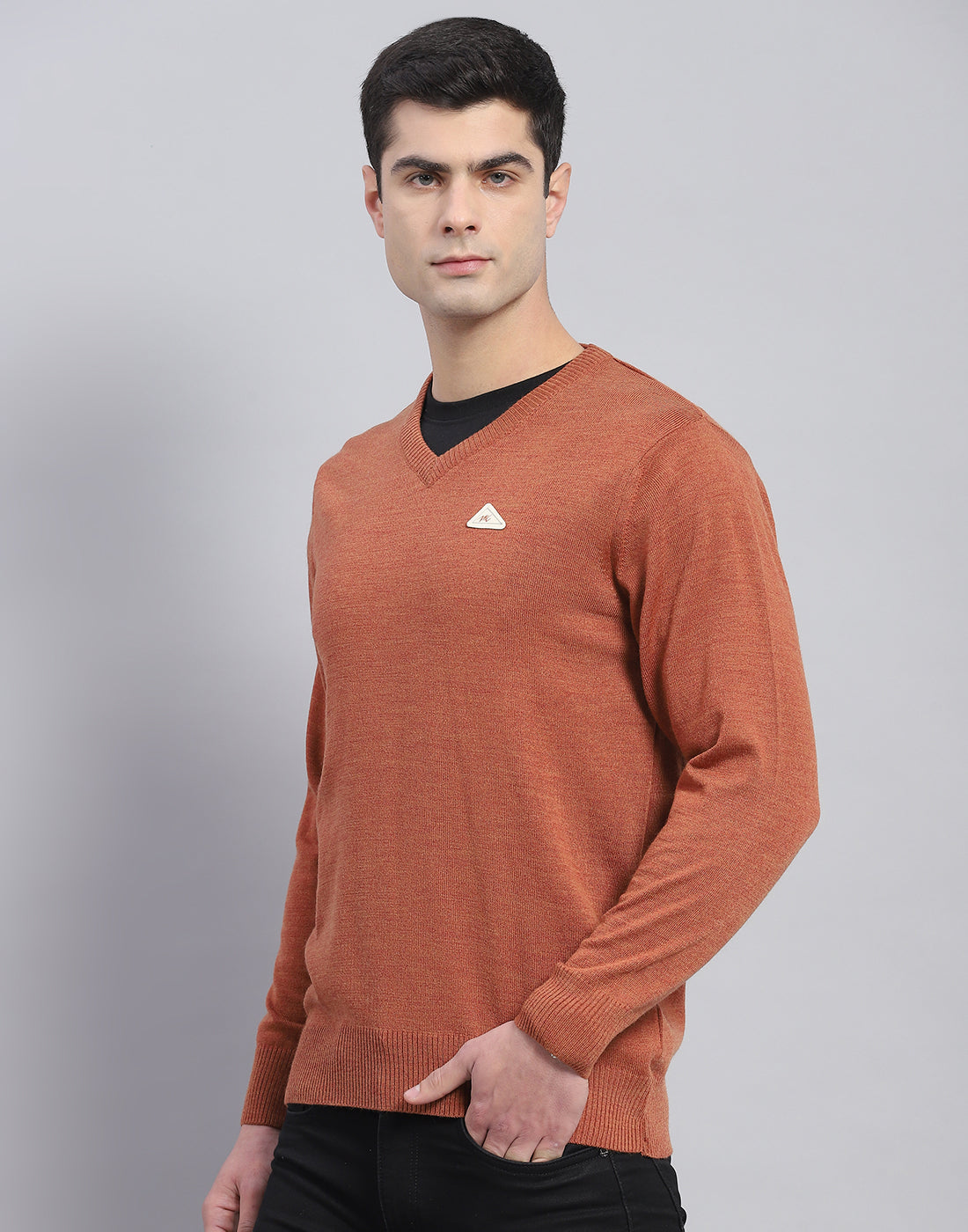 Men Red Solid V Neck Full Sleeve Pullover