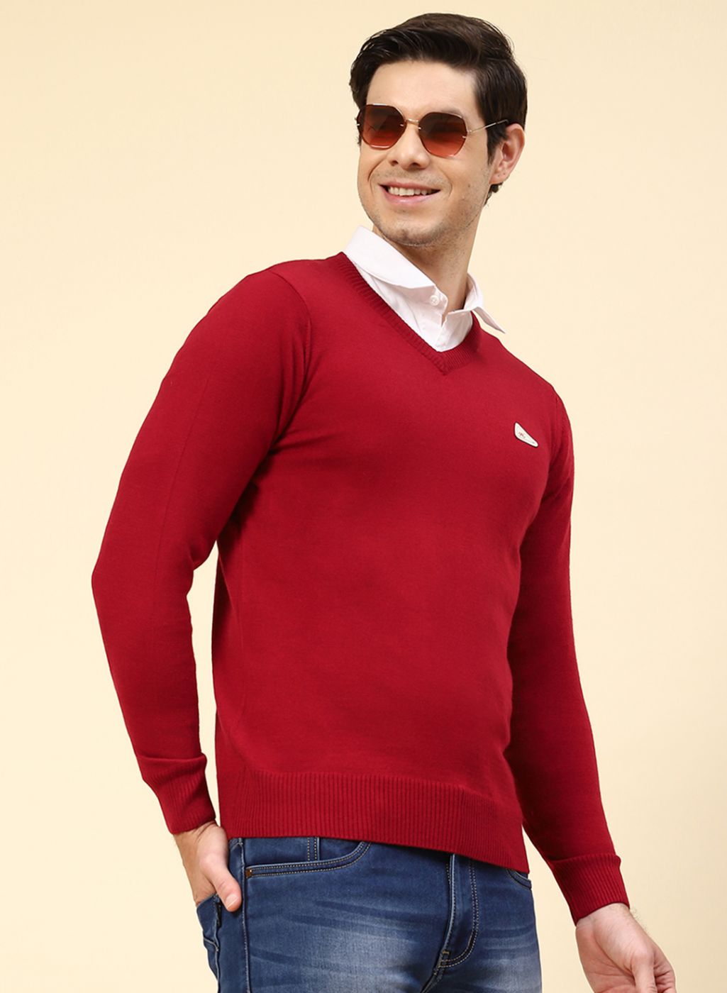Men Red Solid Wool blend Pullover
