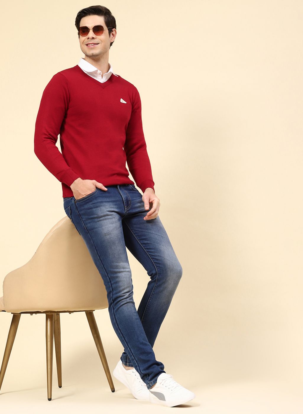 Men Red Solid Wool blend Pullover