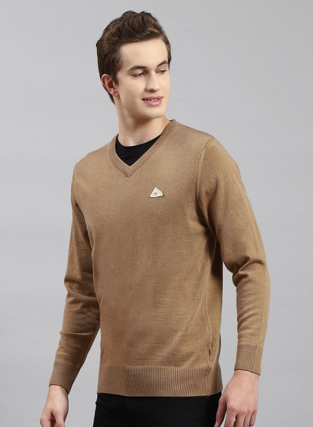 Men Beige Solid Wool blend Pullover