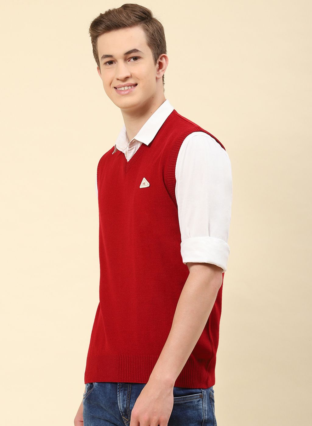 Men Red Solid Blend wool Sweater