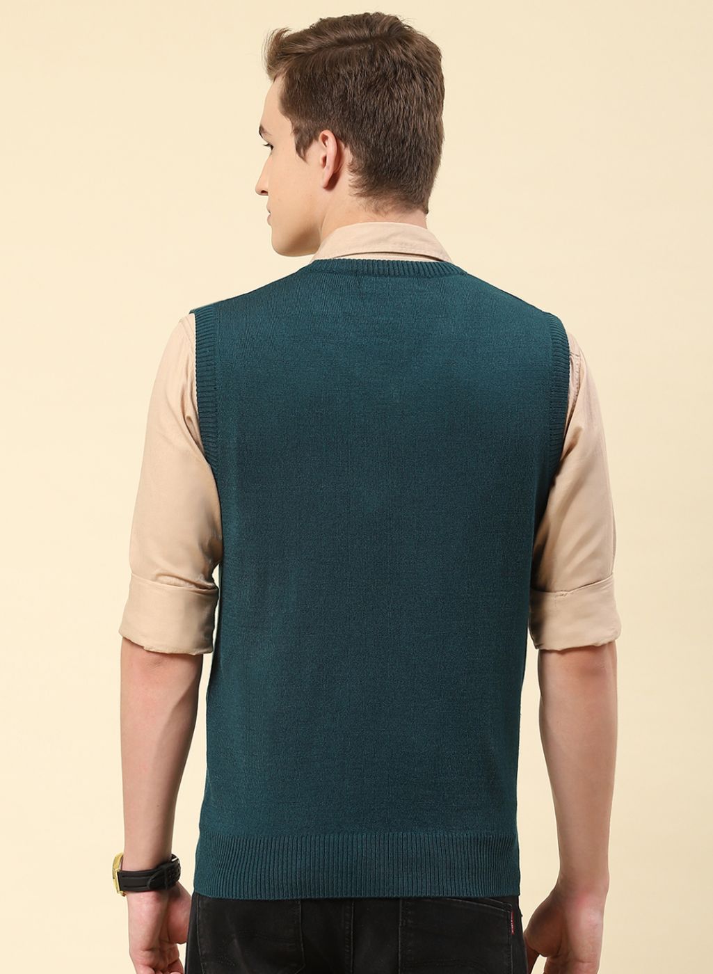 Men Teal Blue Solid Blend wool Sweater