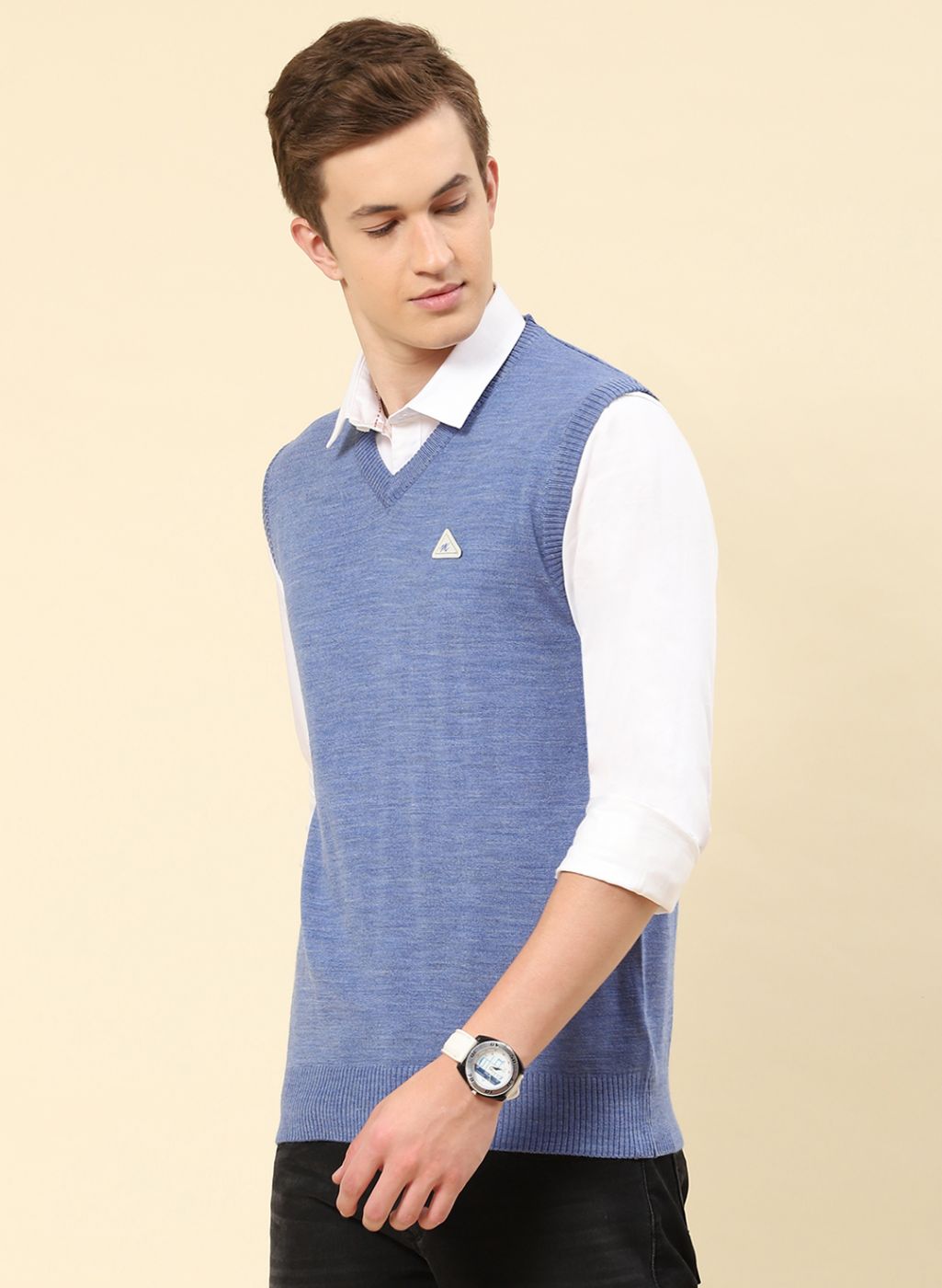 Men Blue Solid Blend wool Sweater