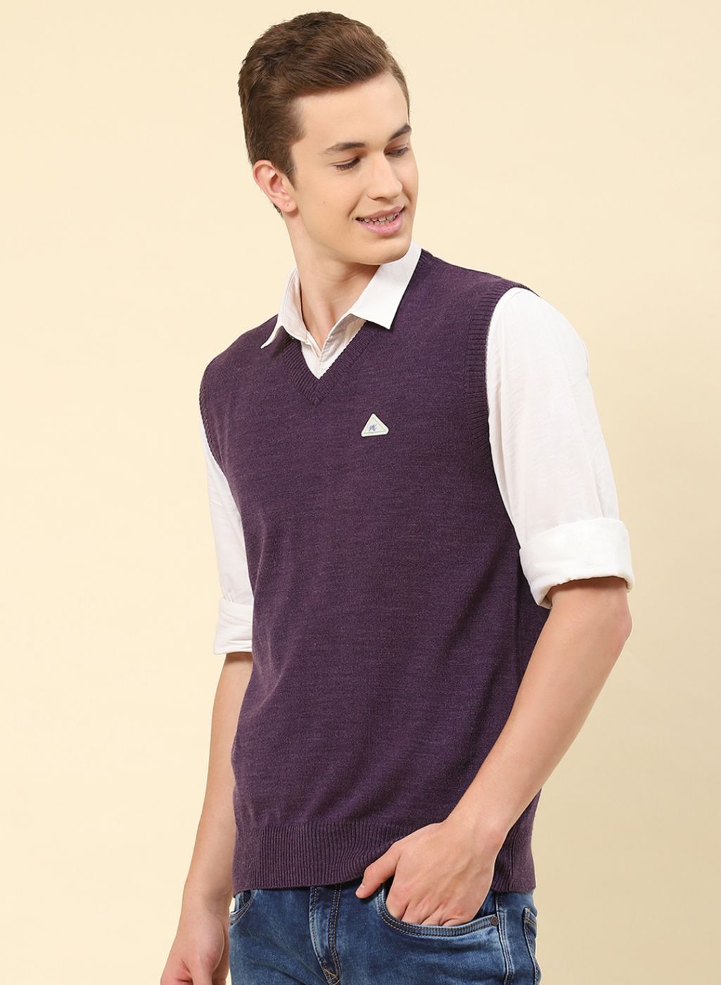 Men Purple Solid Blend wool Sweater