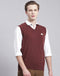 Men Maroon Solid V Neck Sleeveless Sweater