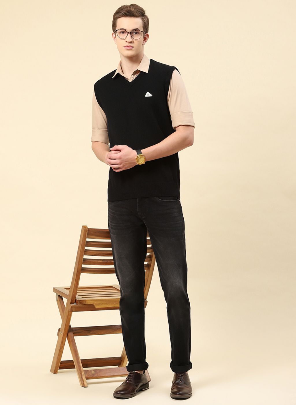 Men Black Solid Blend wool Sweater