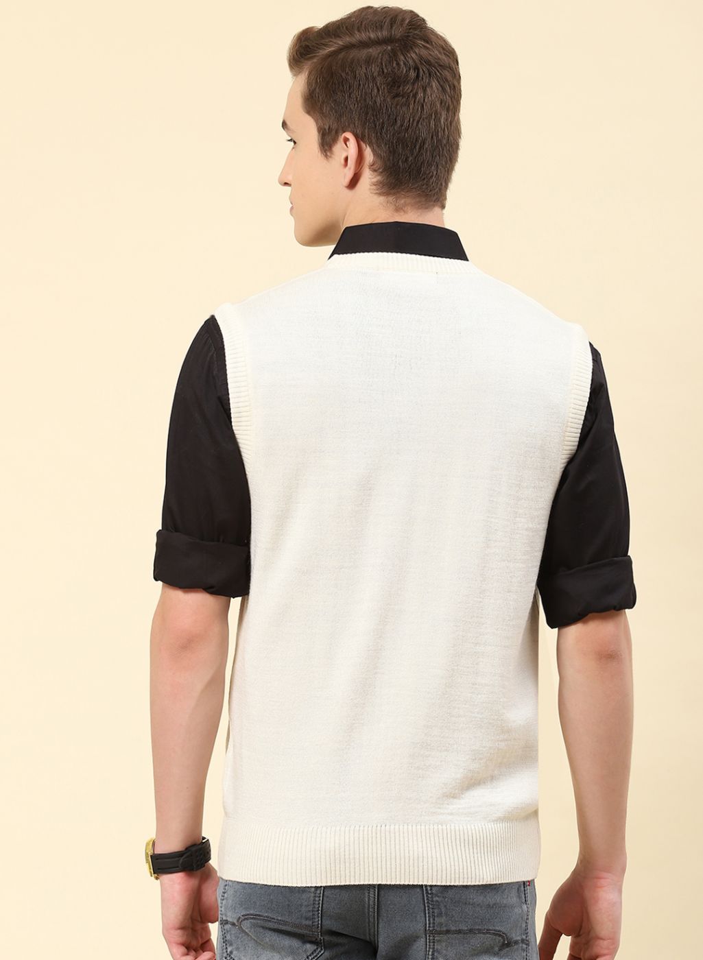 Men Cream Solid Blend wool Sweater