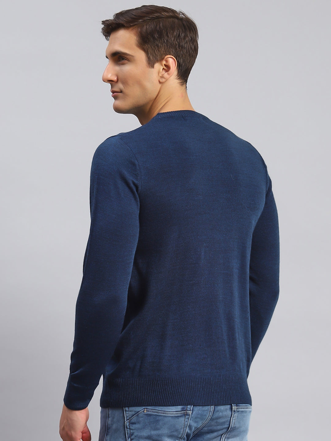 Men Navy Blue Solid Wool blend Pullover