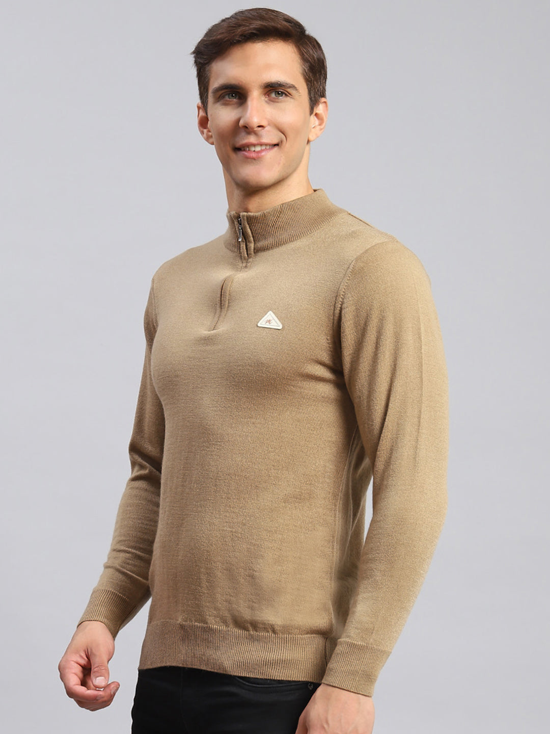 Men Beige Solid Wool blend Pullover