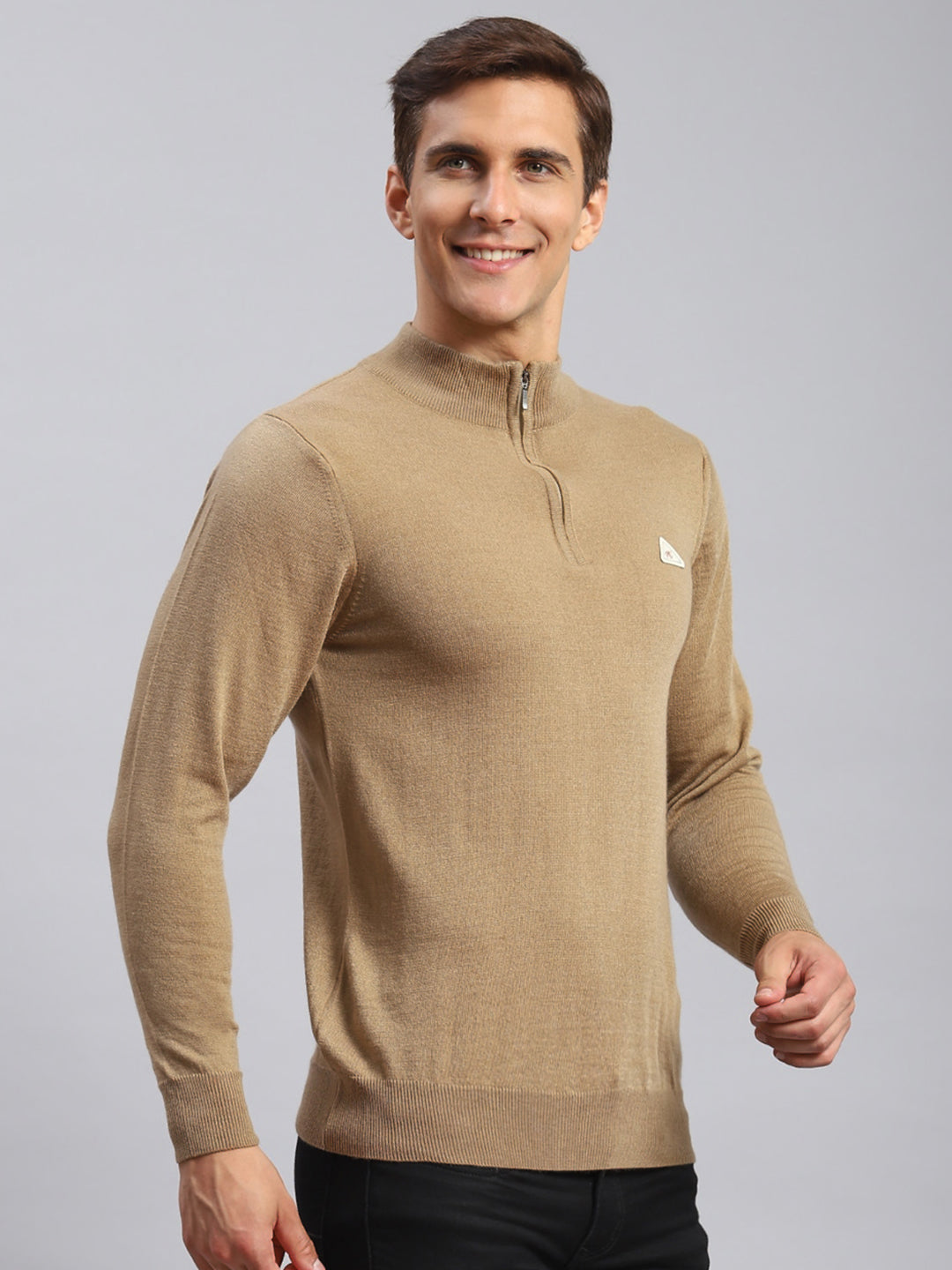 Men Beige Solid Wool blend Pullover