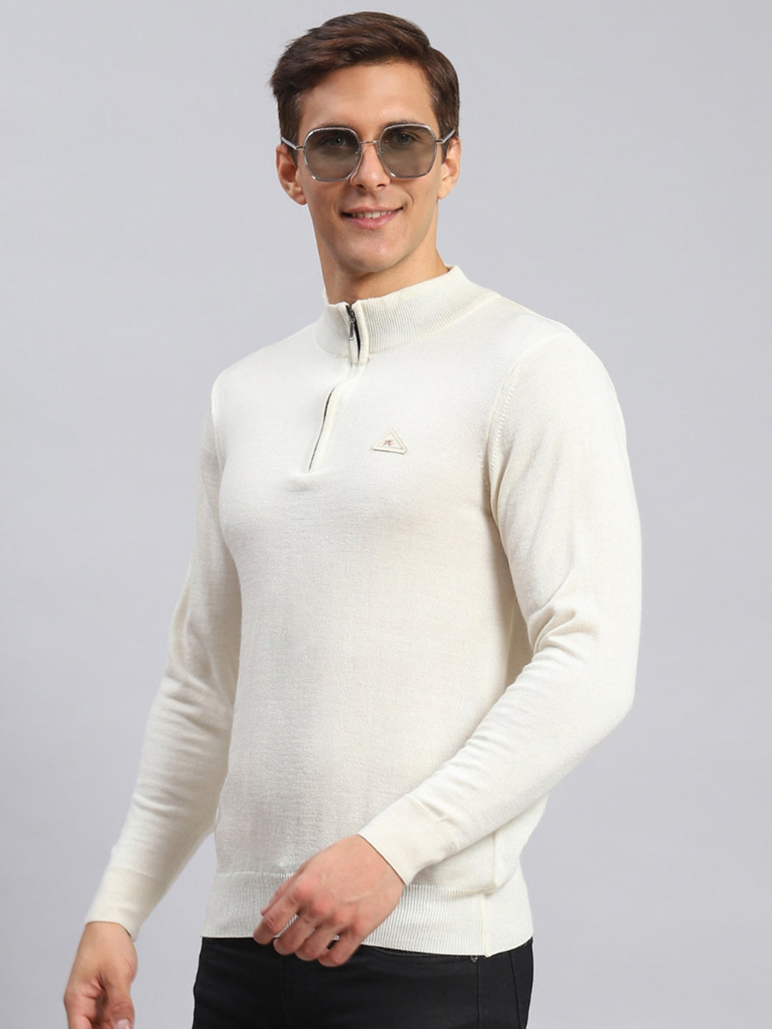 Men Cream Solid Wool blend Pullover