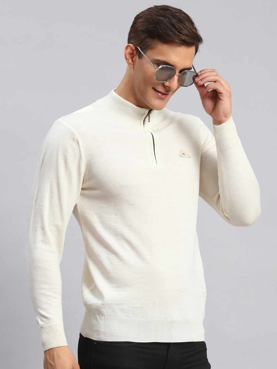 Men Cream Solid Wool blend Pullover