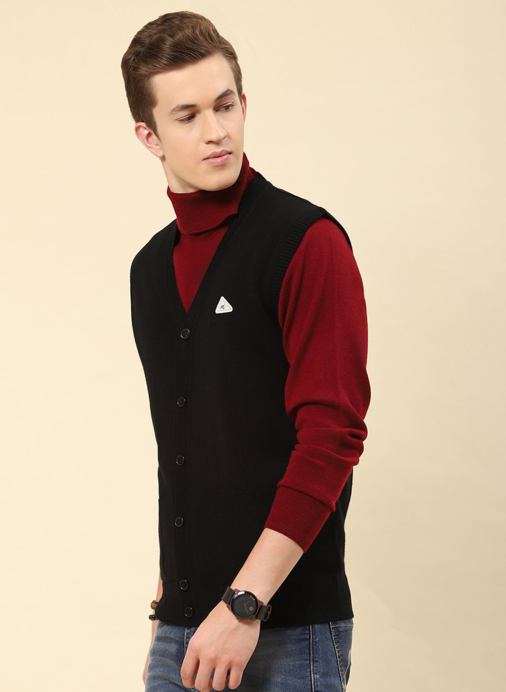 Men Black Solid Blend wool Cardigan