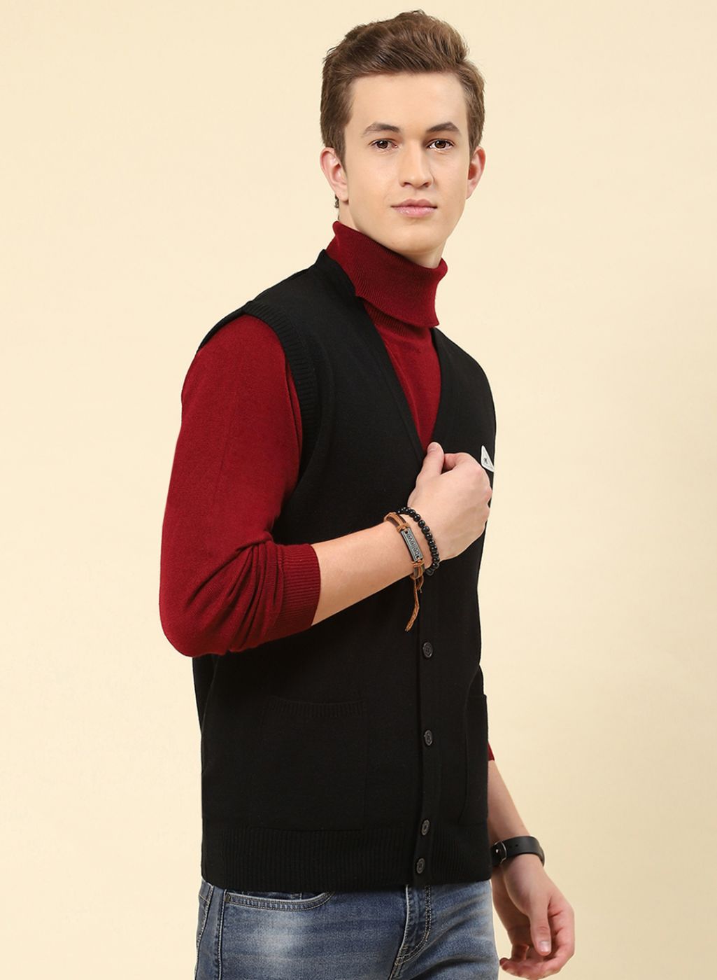 Men Black Solid Blend wool Cardigan
