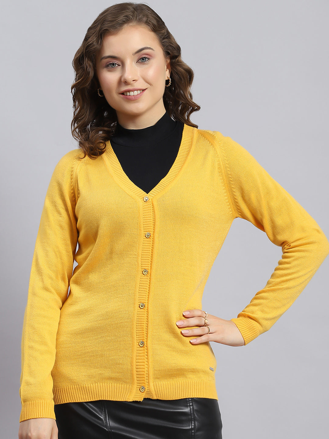 Women Yellow Solid V Neck Full Sleeve Cardigans