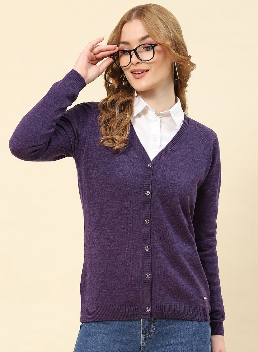 Women Purple Solid Blend wool Cardigan