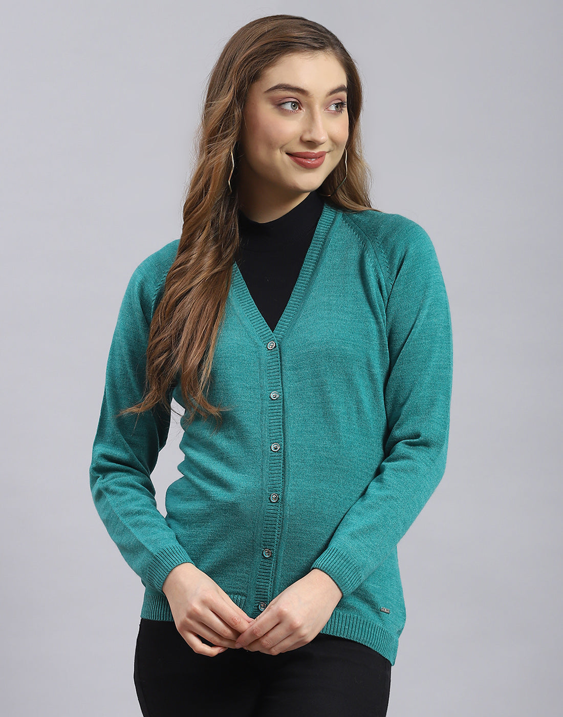 Women Turquoise Blue Solid V Neck Full Sleeve Sweater