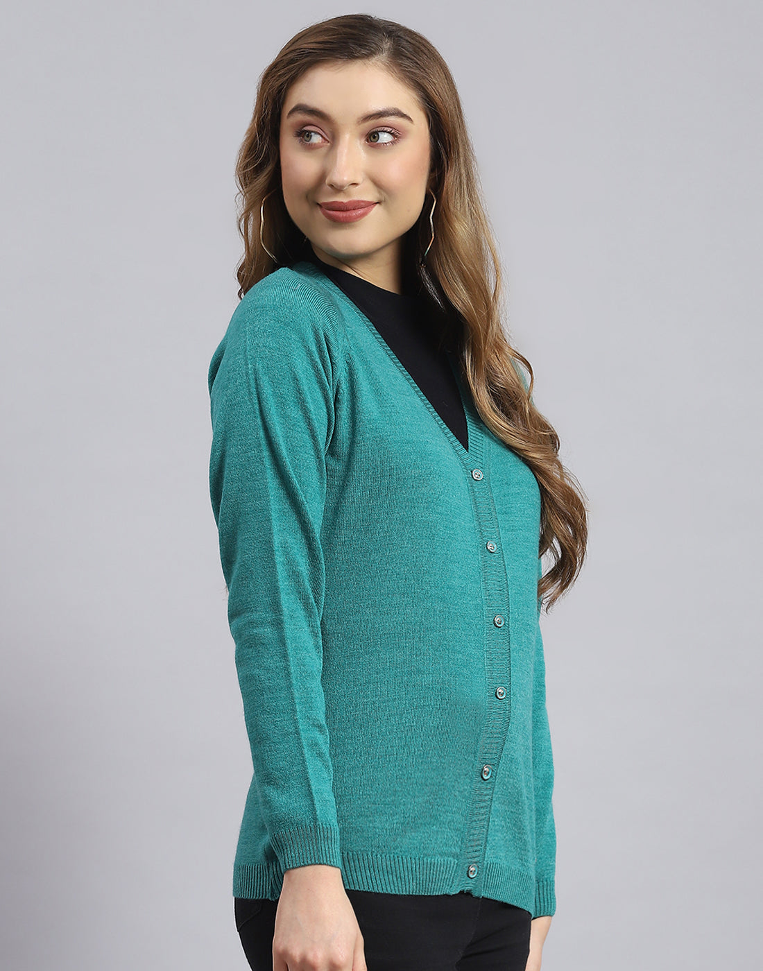 Women Turquoise Blue Solid V Neck Full Sleeve Sweater