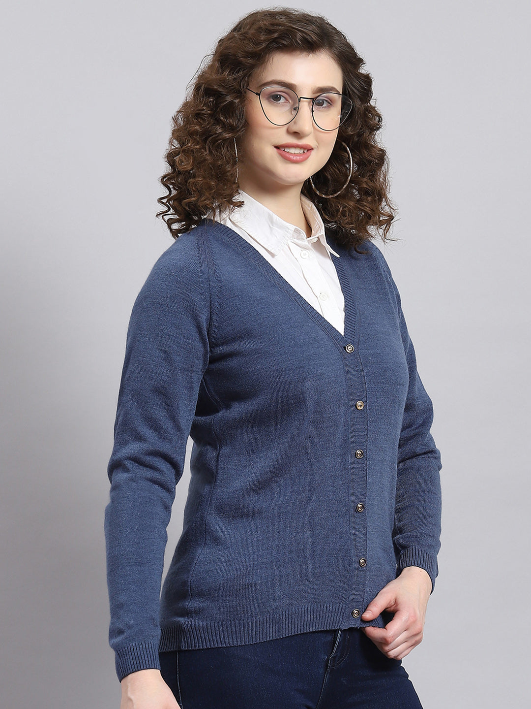 Women Blue Solid V Neck Full Sleeve Cardigan