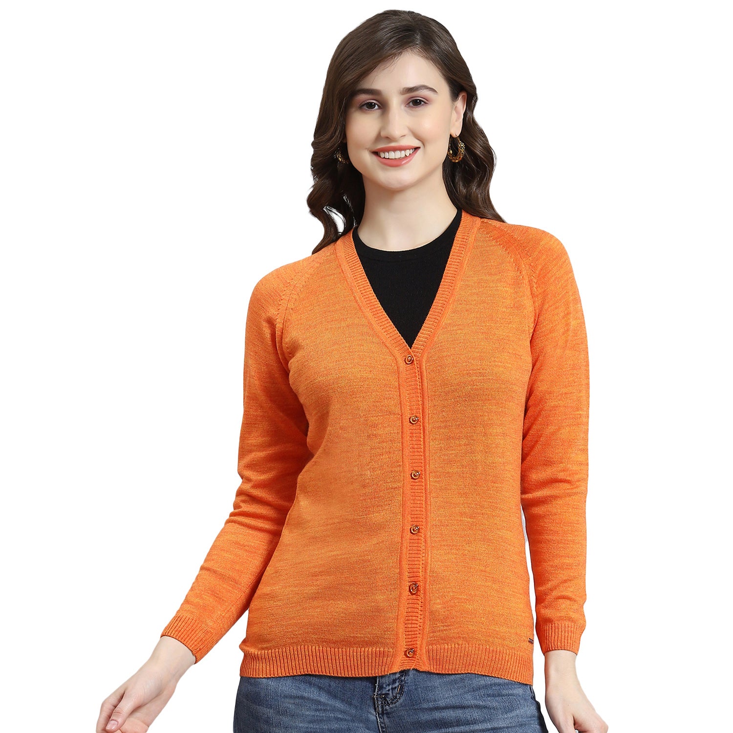 Women Orange Solid V Neck Full Sleeve Cardigan