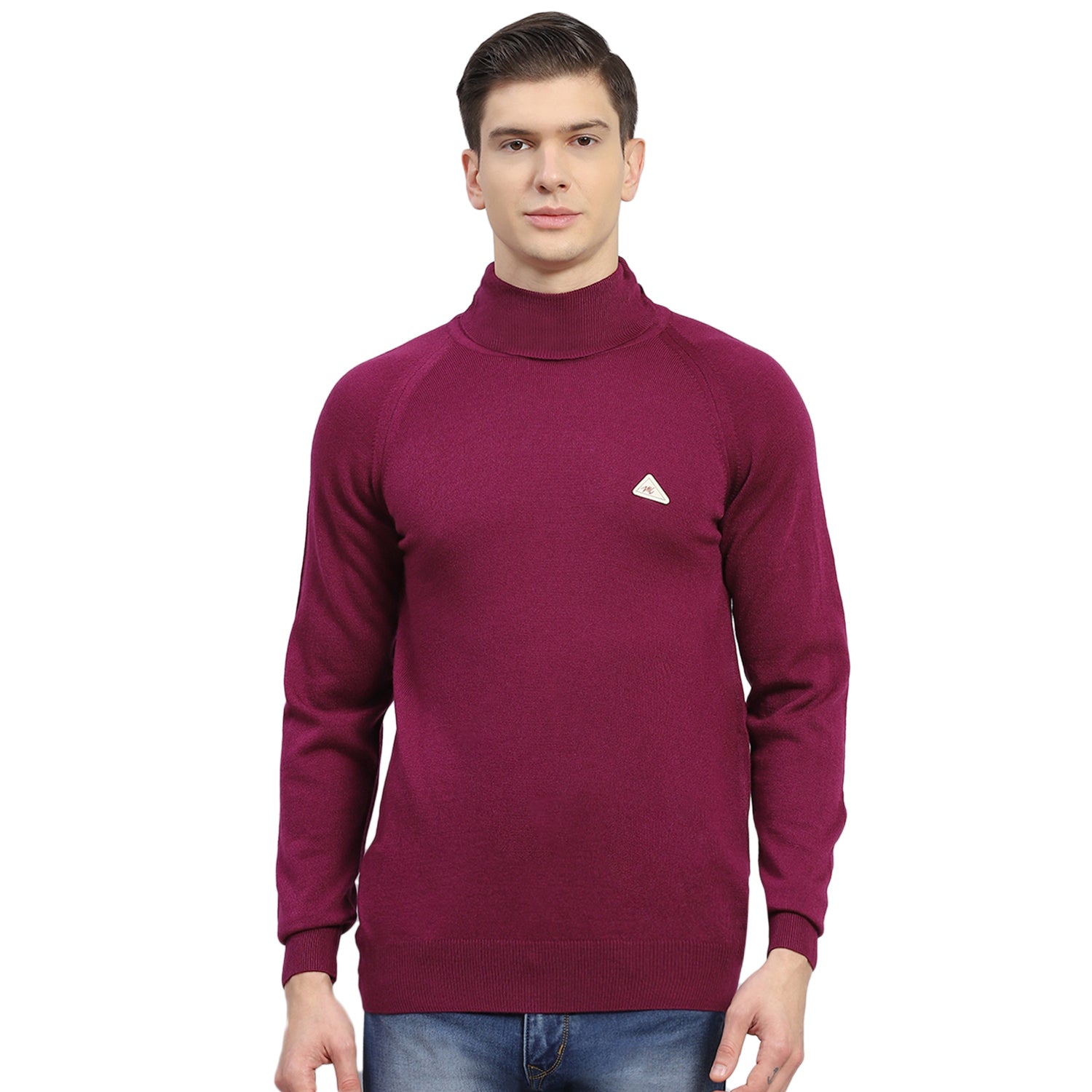 Men Purple Solid H Neck Full Sleeve Sweater