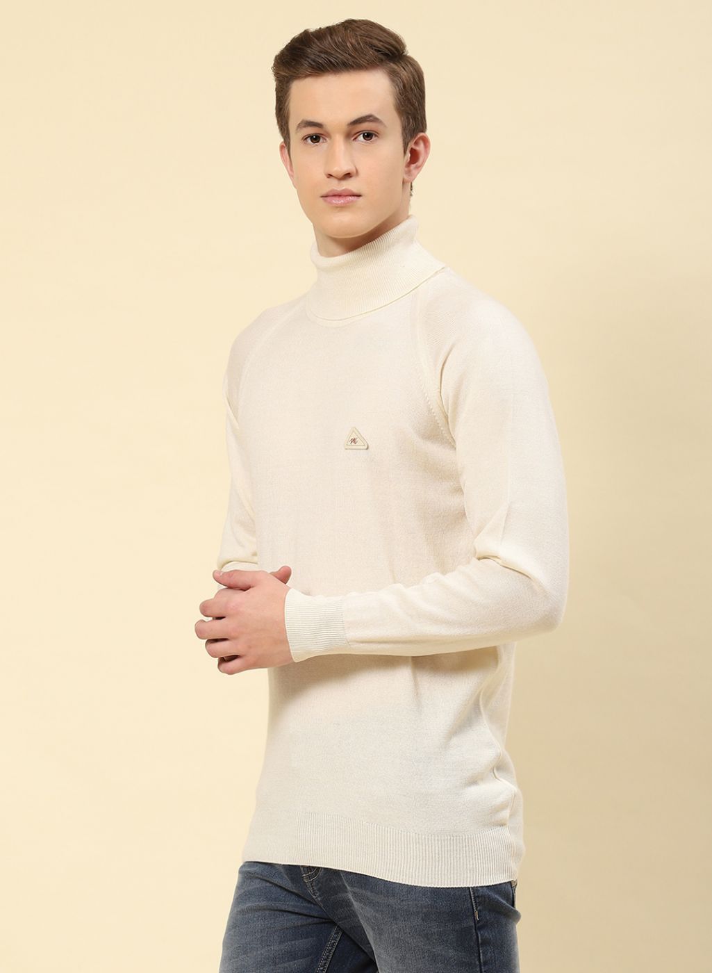 Men Cream Solid Blend wool Pullover