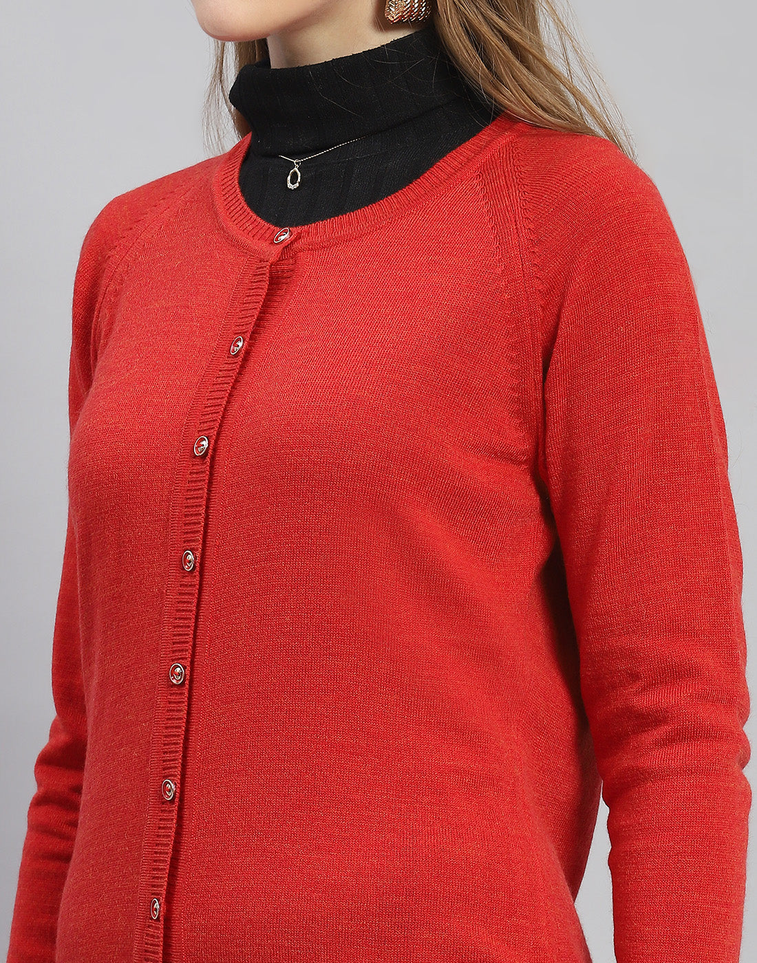 Women Red Solid Round Neck Full Sleeve Cardigan