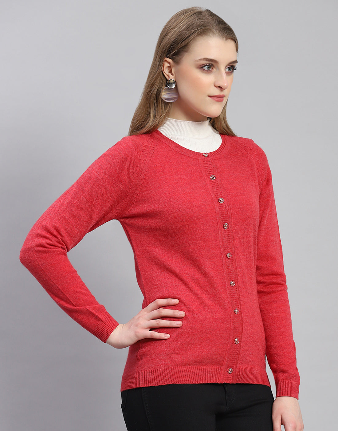 Women Red Solid Round Neck Full Sleeve Cardigan