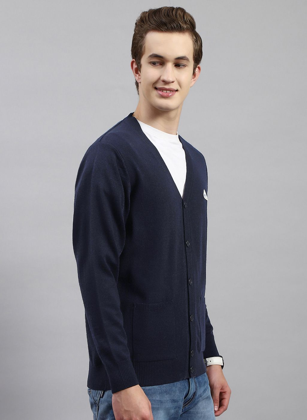 Men NAvy Blue Solid Wool blend Cardigan