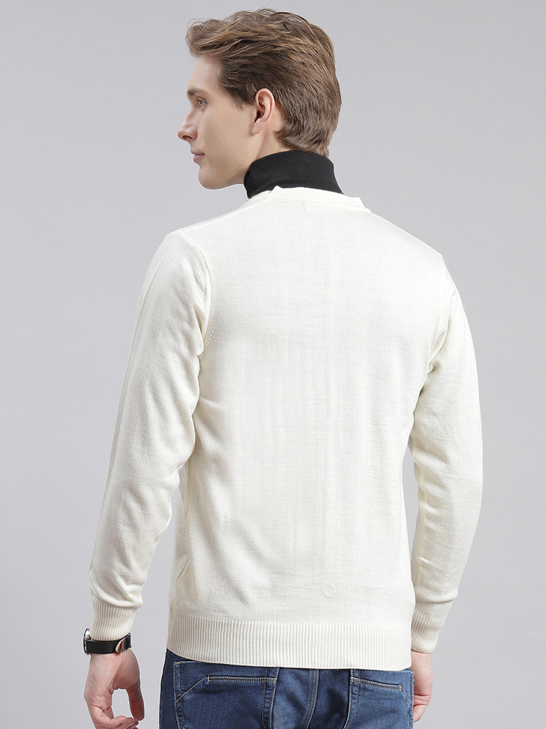 Men Cream Solid V Neck Full Sleeve Cardigans