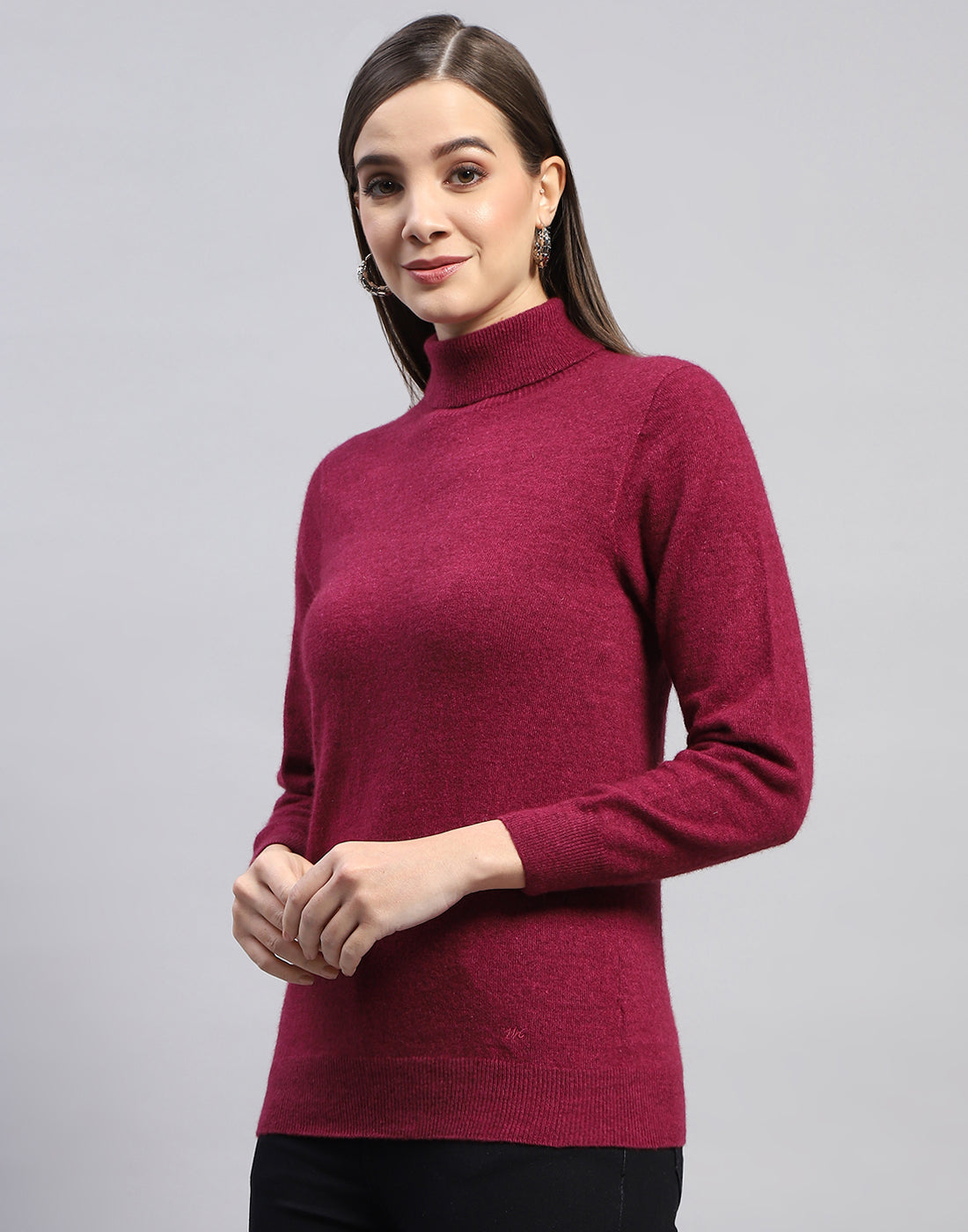 Women Maroon Solid High Neck Full Sleeve Top