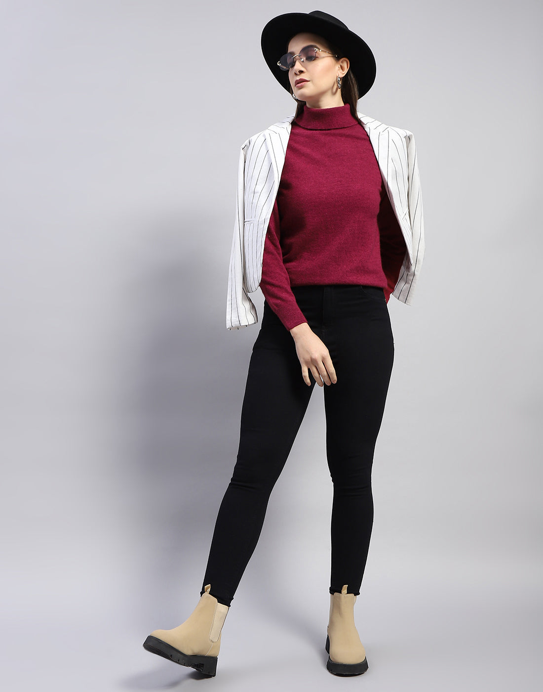 Women Maroon Solid High Neck Full Sleeve Top