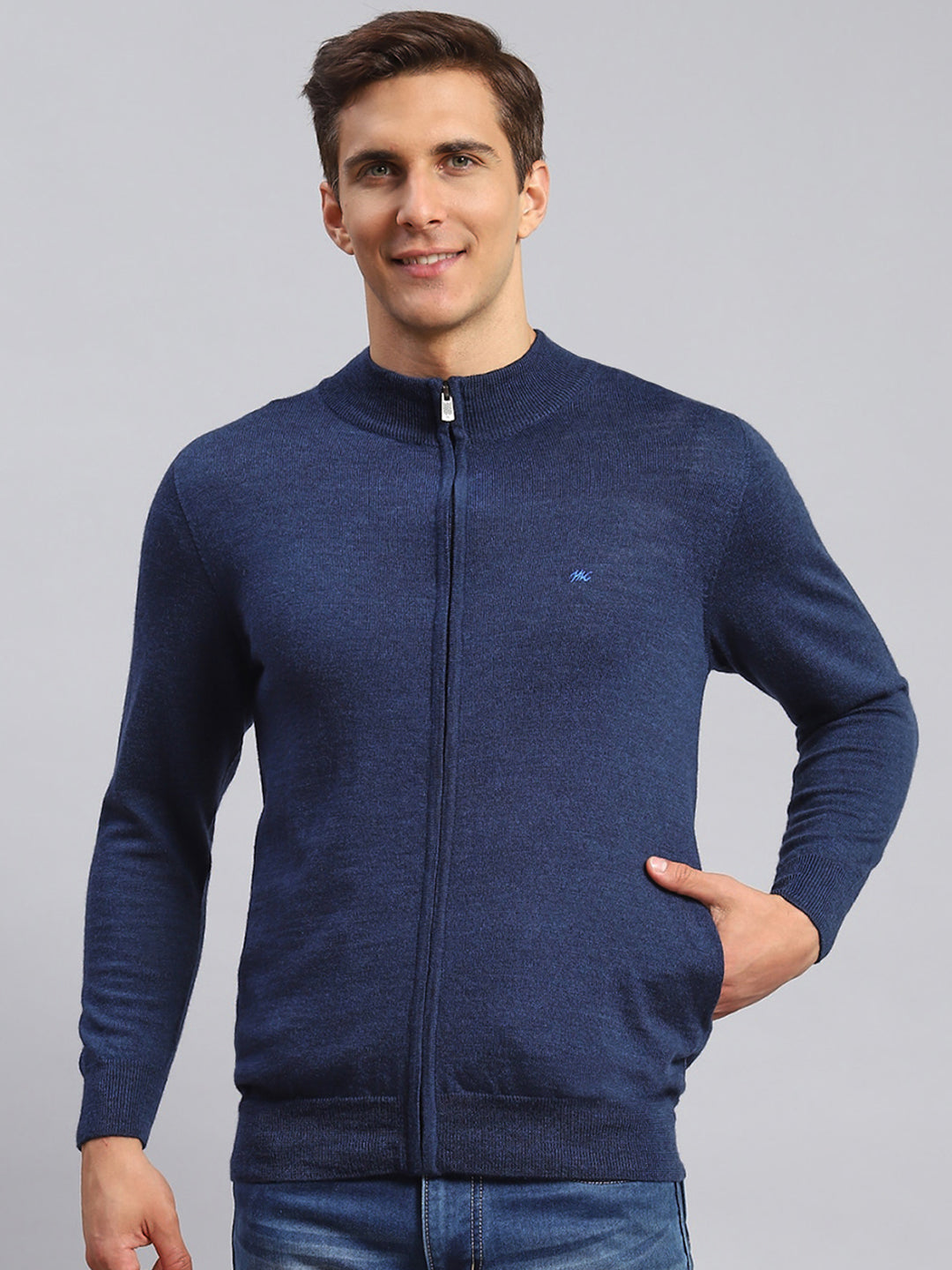 Men Navy Blue Solid Pure wool Pullover