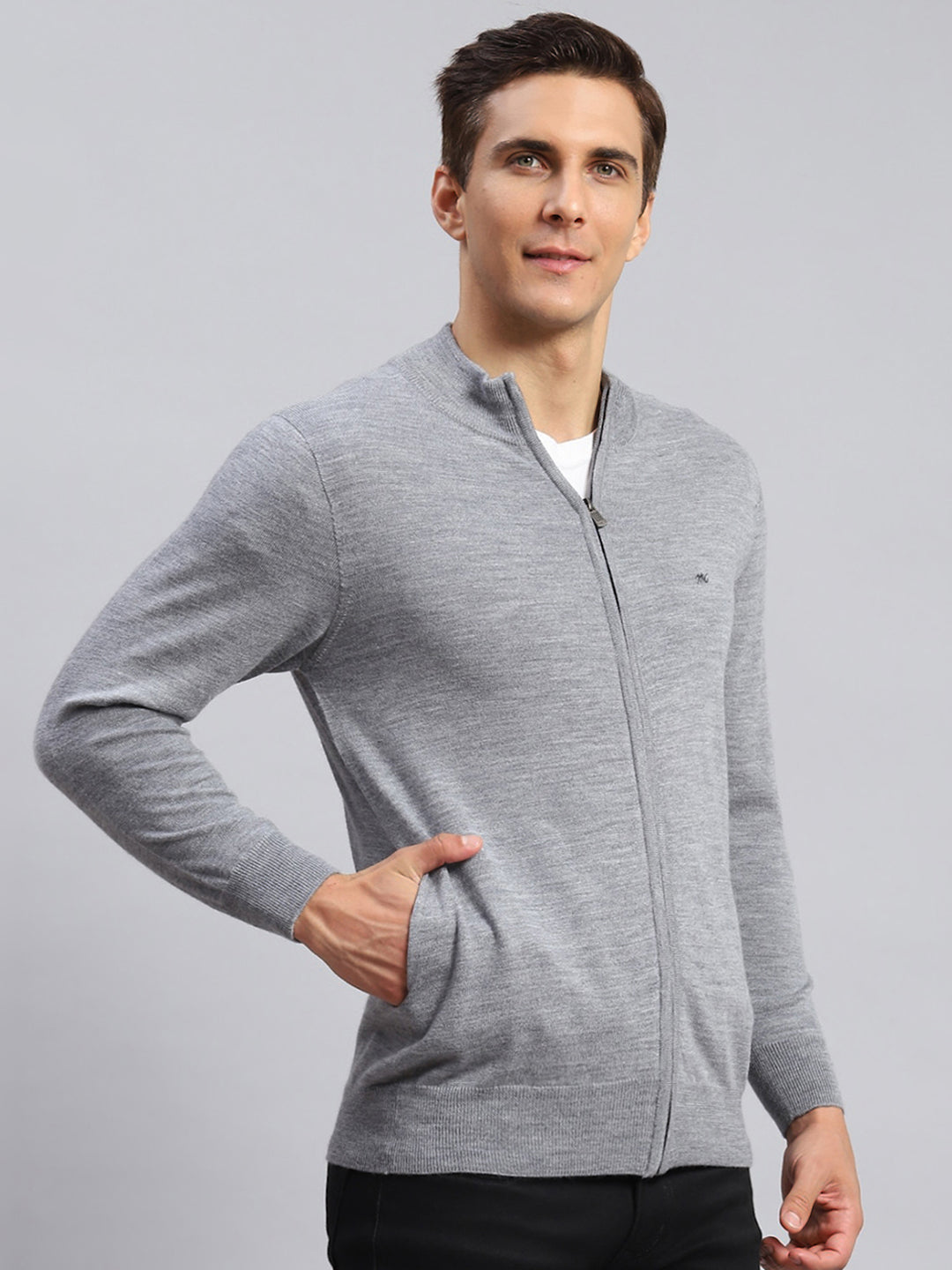 Men Grey Solid Pure wool Pullover