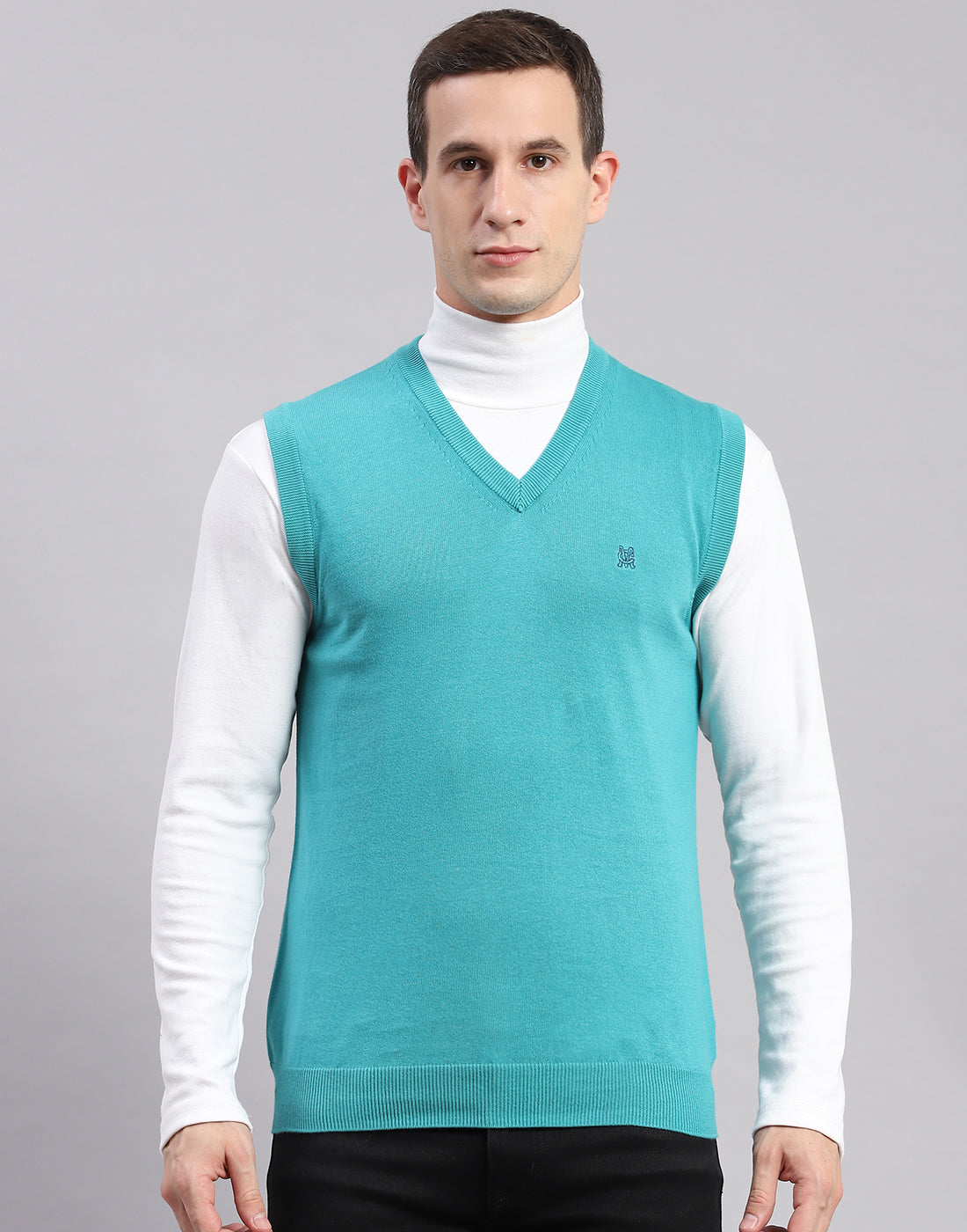 Men Turquoise Blue Solid V Neck Sleeveless Sweaters/Pullovers