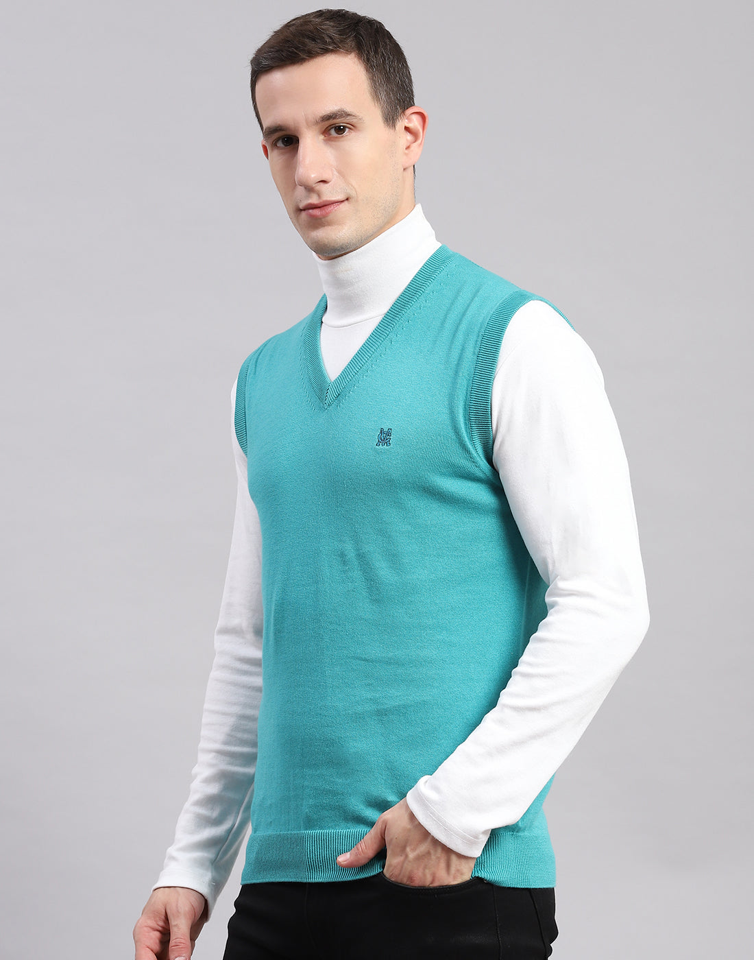 Men Turquoise Blue Solid V Neck Sleeveless Sweaters/Pullovers