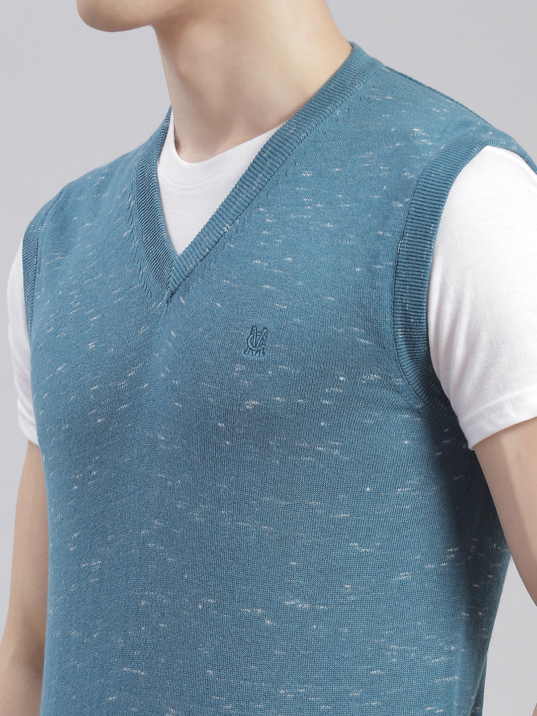 Men Teal Blue Solid V Neck Sleeveless Sweaters/Pullovers