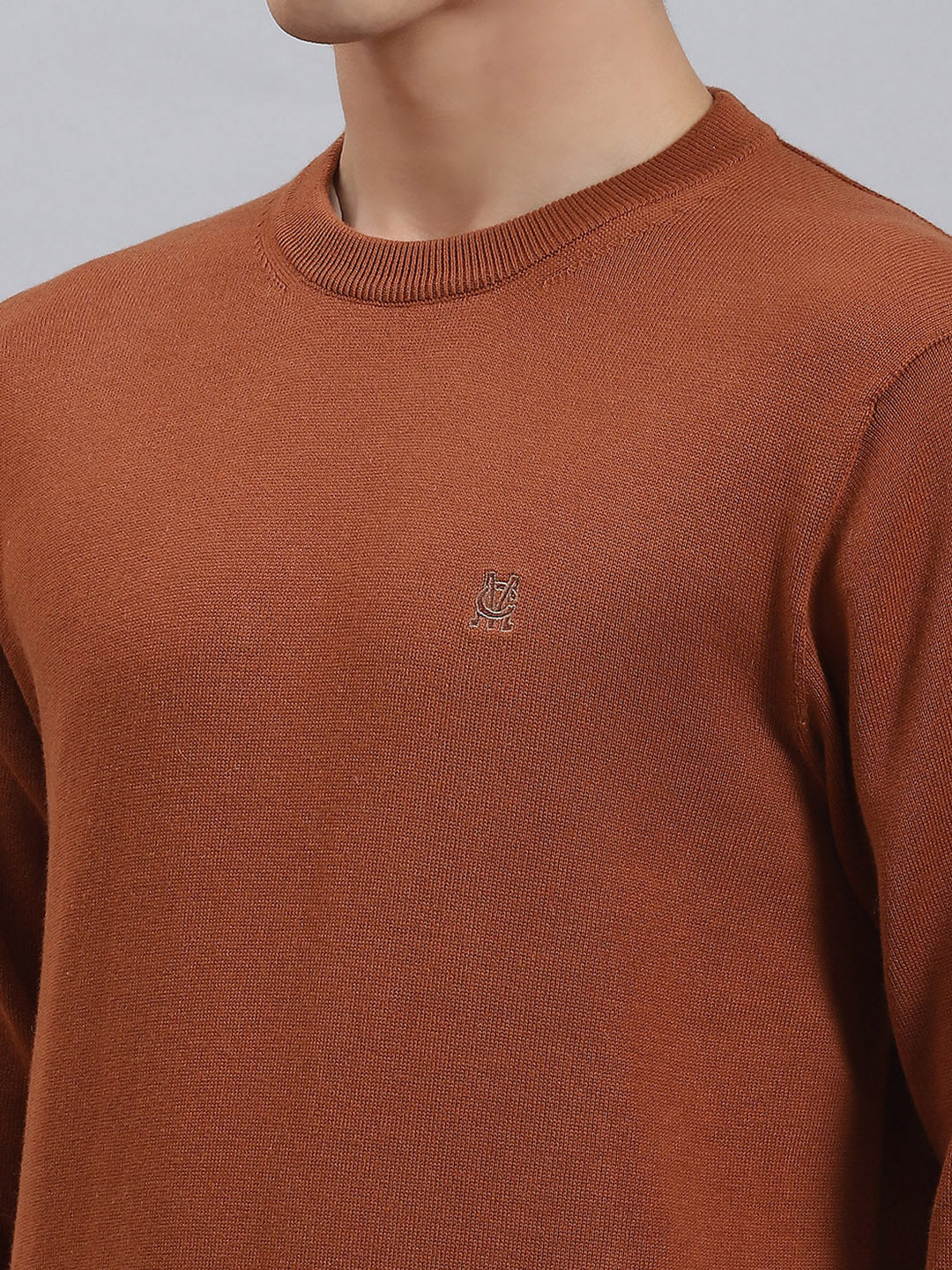 Men Rust Solid Round Neck Full Sleeve Sweaters/Pullovers